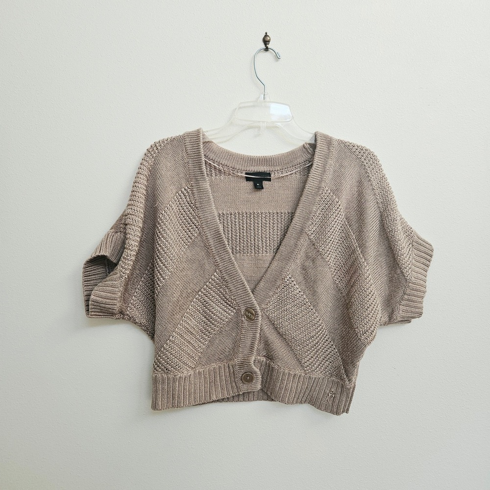 Worthington Womens XL Tan Beige Short Sleeve Knit Cardigan Button Front Sweater